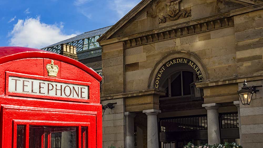 Iconic red telephone box in Covent Garden