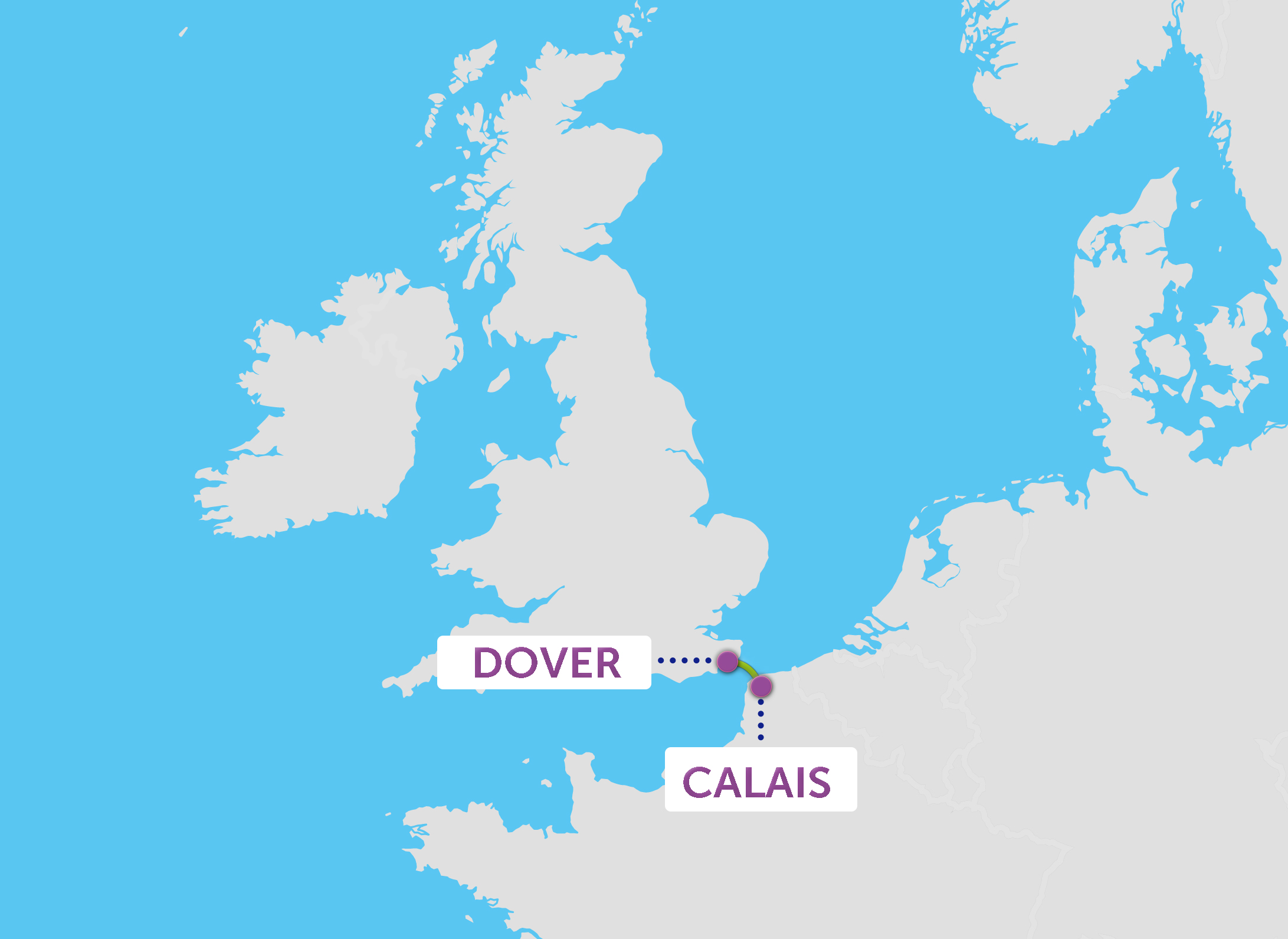Kaart van de P&O ferry naar Engeland via de Calais-Dover ferry route